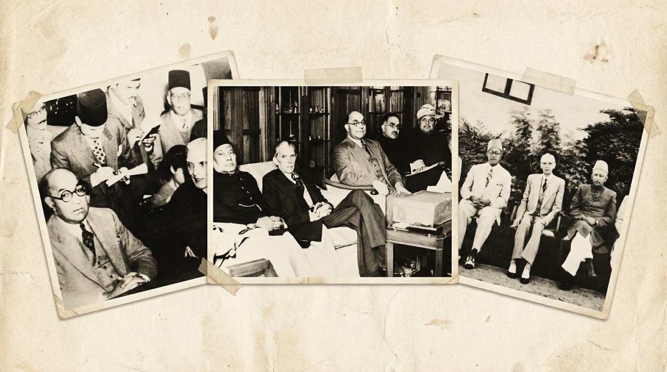 A sepia-toned collage of Pakistan's historical figures arranged as photographs on textured paper.